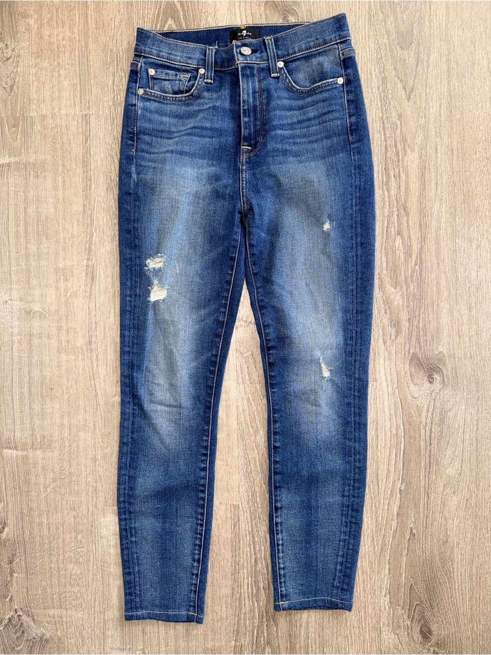 7 For All Mankind Blue Distressed Skinny Jeans